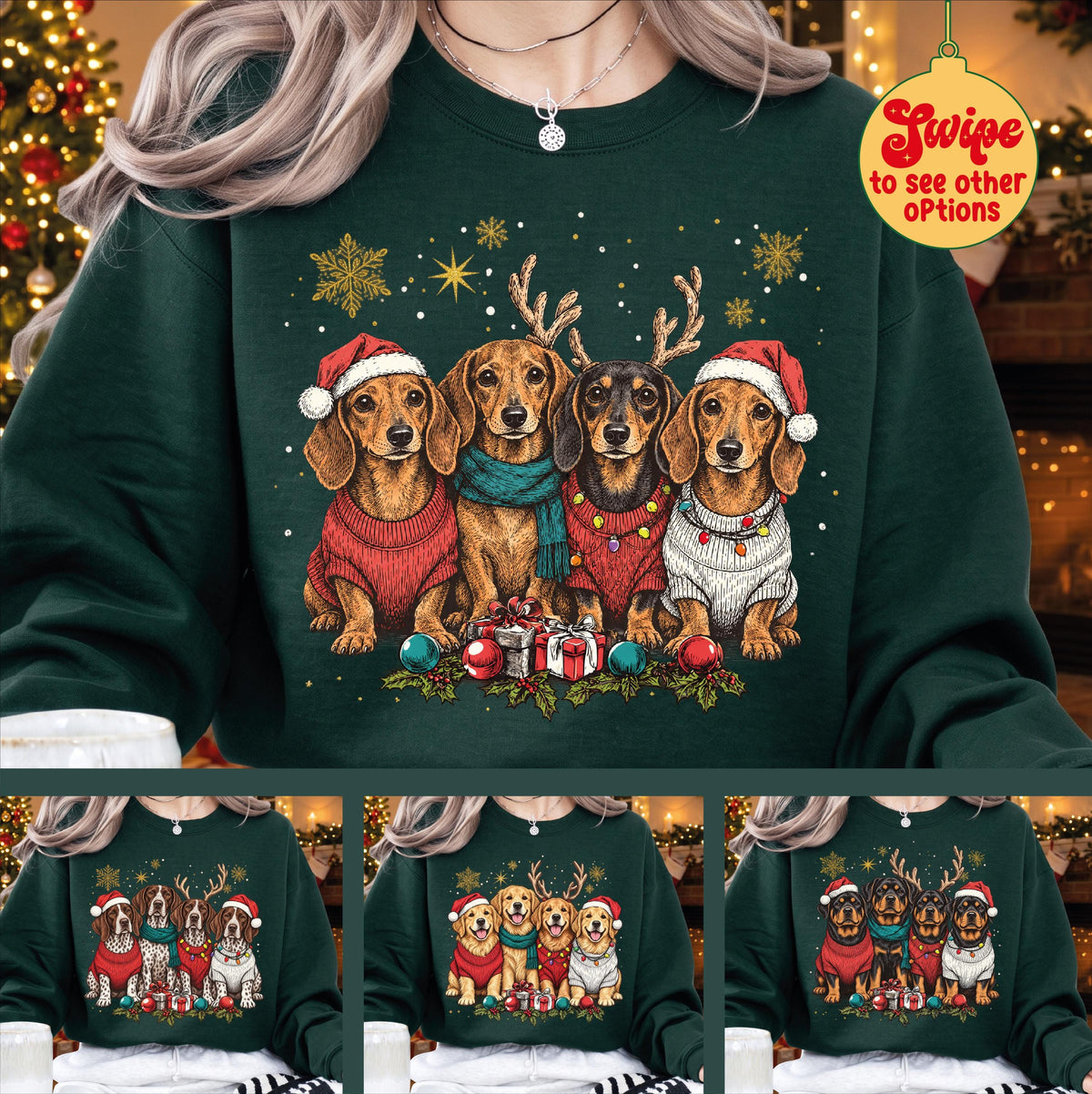 Dog Breed Christmas Sweatshirt, Reindeer Dachshund Golden Retriever Holiday Sweater