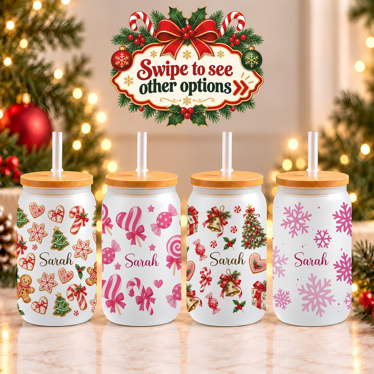 Custom Name Snowflake Candy Cane Gingerbread Glass Can Tumbler, Personalized Holiday Gift for Her
