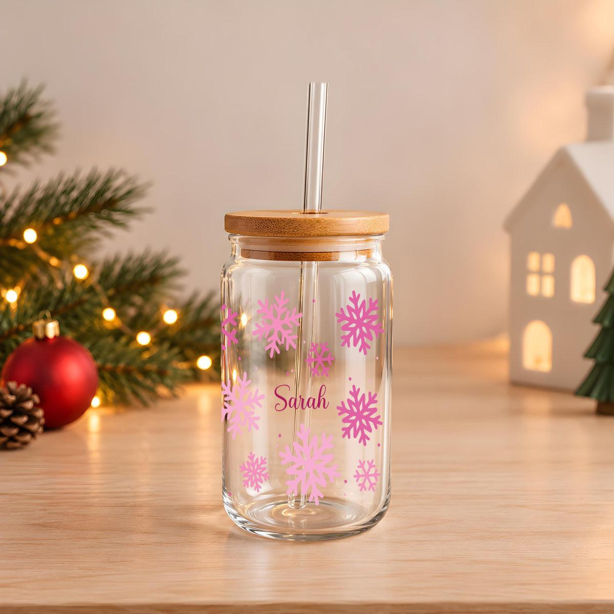 Custom Name Snowflake Candy Cane Gingerbread Glass Can Tumbler, Personalized Holiday Gift for Her