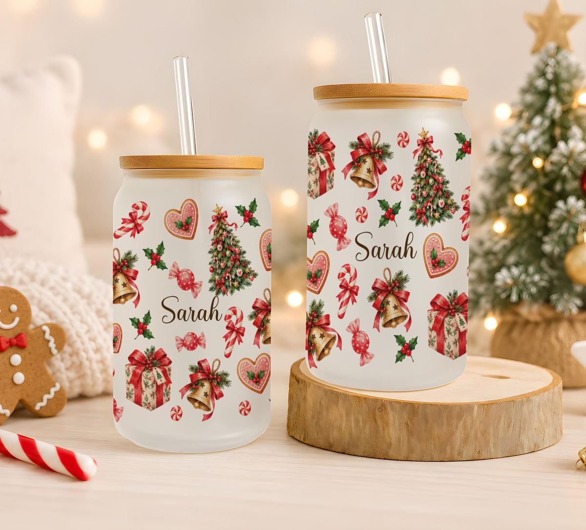 Custom Name Snowflake Candy Cane Gingerbread Glass Can Tumbler, Personalized Holiday Gift for Her