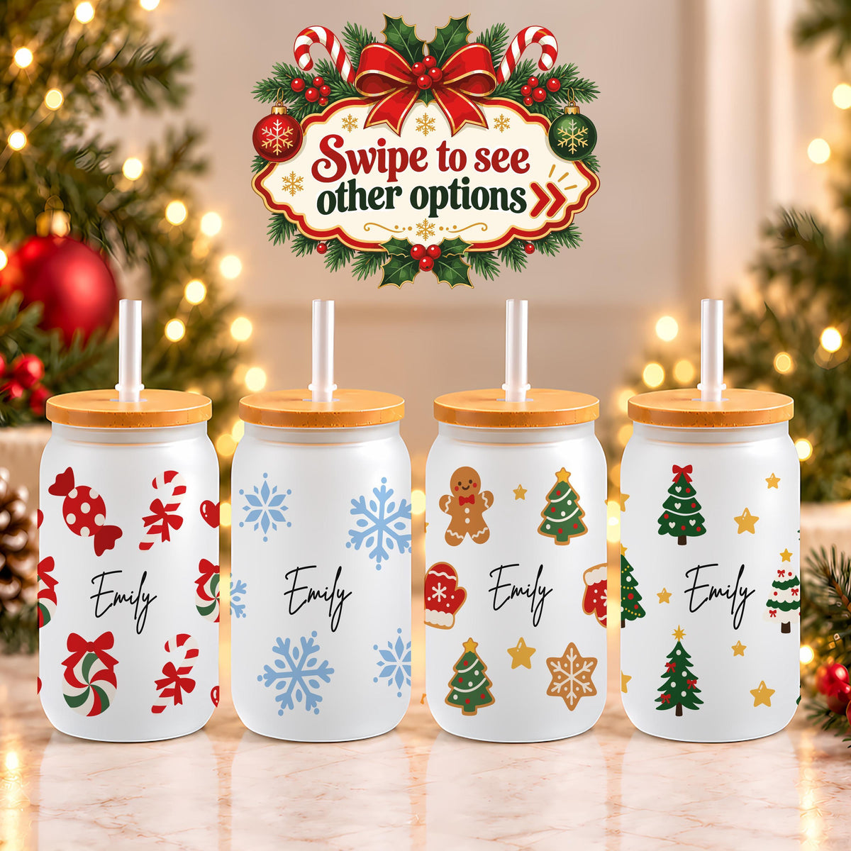 Personalized Holiday Pattern Glass Can Tumbler, Custom Snowflake Gingerbread Iced Coffee Cup