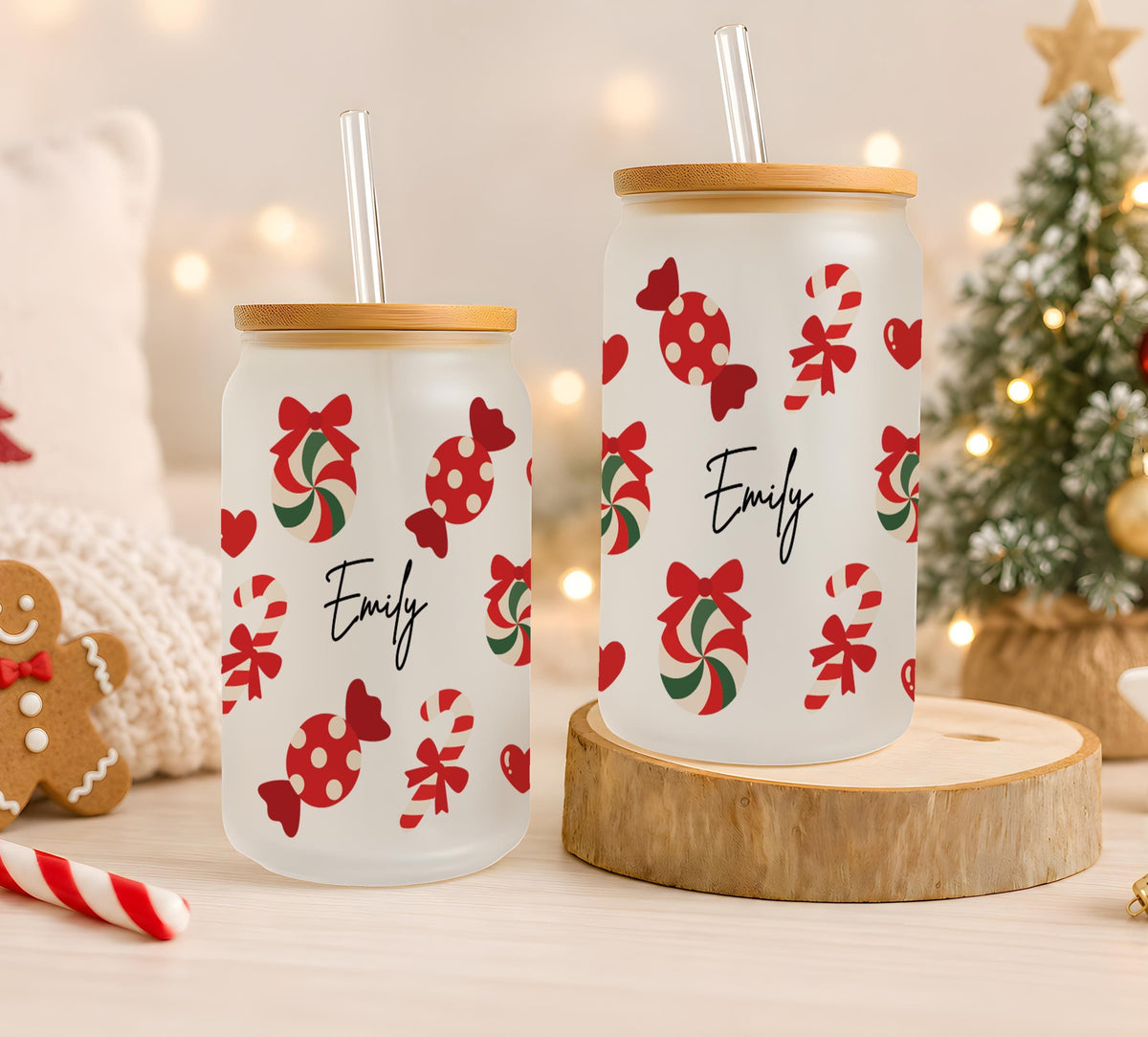 Personalized Holiday Pattern Glass Can Tumbler, Custom Snowflake Gingerbread Iced Coffee Cup