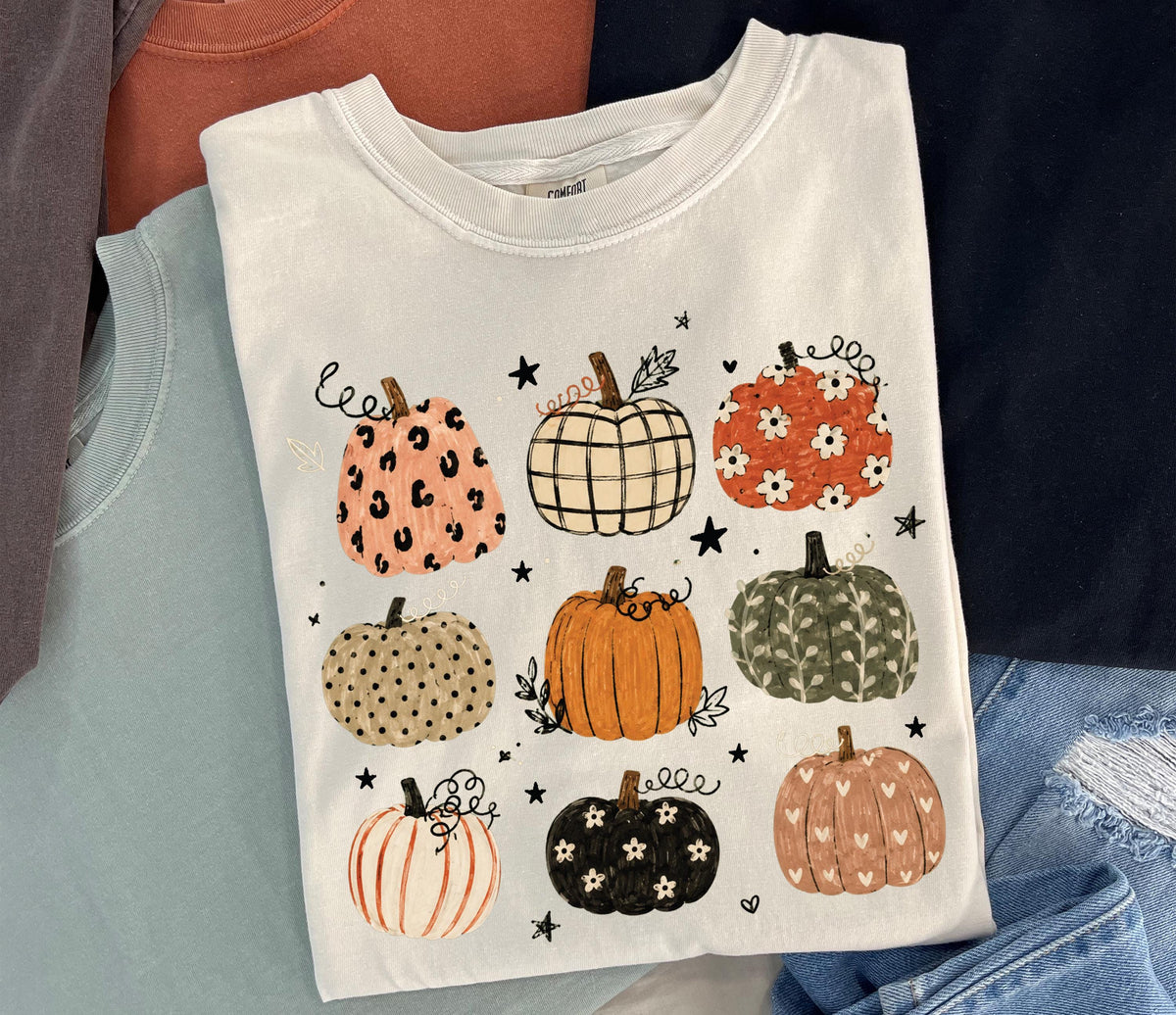 Pumpkin Pattern Comfort Colors® Shirt, Boho Autumn Vibes Tee, Thanksgiving Women Gift