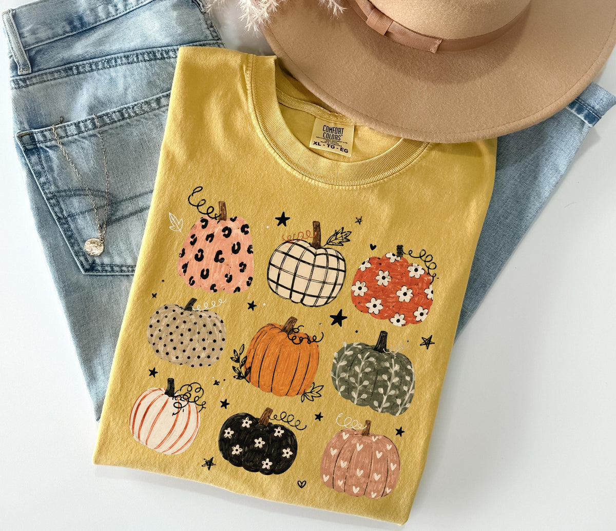 Pumpkin Pattern Comfort Colors® Shirt, Boho Autumn Vibes Tee, Thanksgiving Women Gift