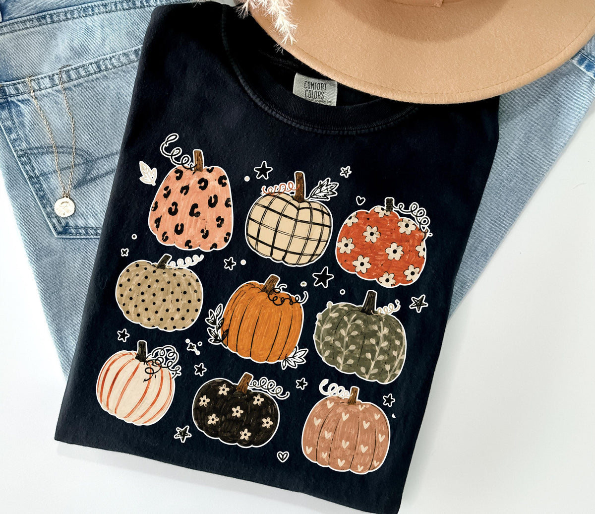 Pumpkin Pattern Comfort Colors® Shirt, Boho Autumn Vibes Tee, Thanksgiving Women Gift