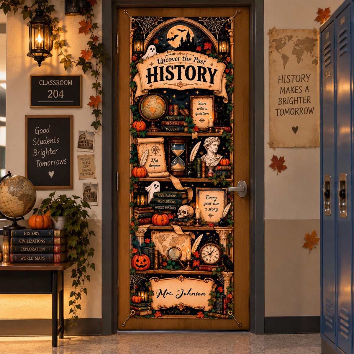 Personalized History Teacher Door Cover, Halloween Classroom Decor, Spooky Bookshelf Banner