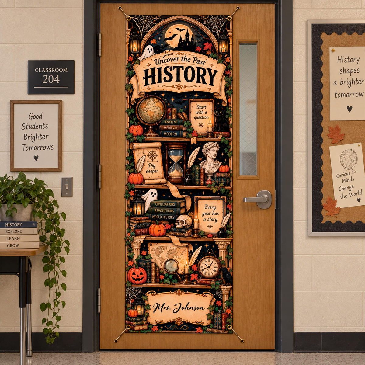 Personalized History Teacher Door Cover, Halloween Classroom Decor, Spooky Bookshelf Banner