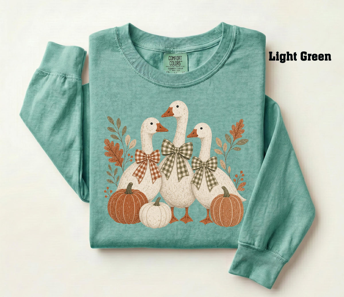 Fall Geese Comfort Colors® Long Sleeve, Vintage Cottagecore Goose Shirt, Coquette Bow Thanksgiving Tee