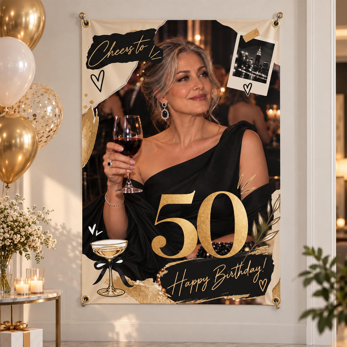 Custom Photo Birthday Banner, Cheers to 21st 30th 40th 50th Birthday Backdrop, Milestone Age Tapestry