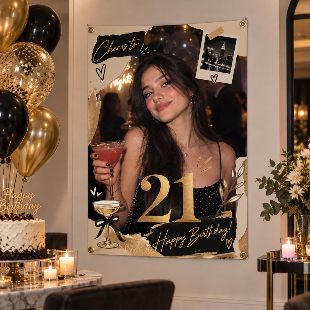Custom Photo Birthday Banner, Cheers to 21st 30th 40th 50th Birthday Backdrop, Milestone Age Tapestry