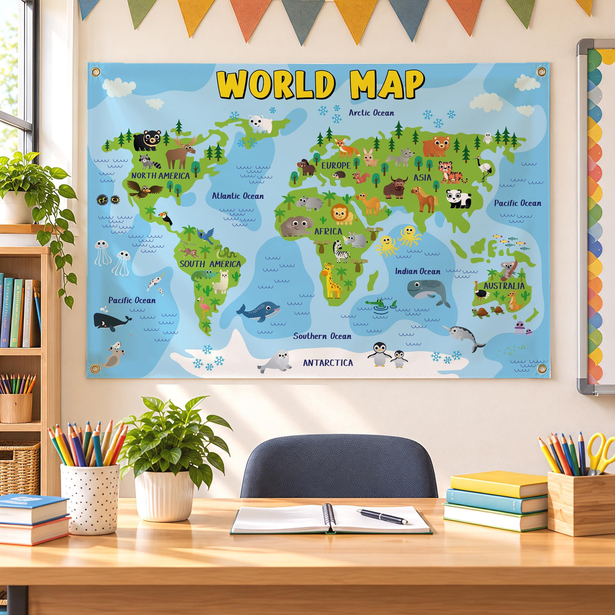 Educational World Map Banner, Kids Classroom Backdrop, Animal Geography Poster, Playroom Wall Decor, Geography Tapestry