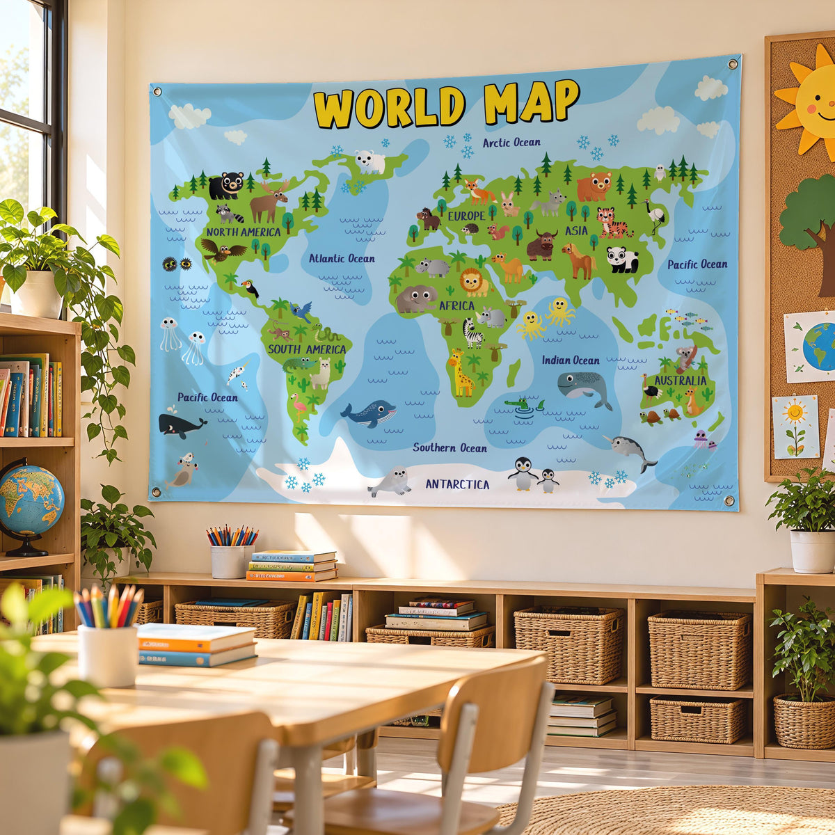 Educational World Map Banner, Kids Classroom Backdrop, Animal Geography Poster, Playroom Wall Decor, Geography Tapestry