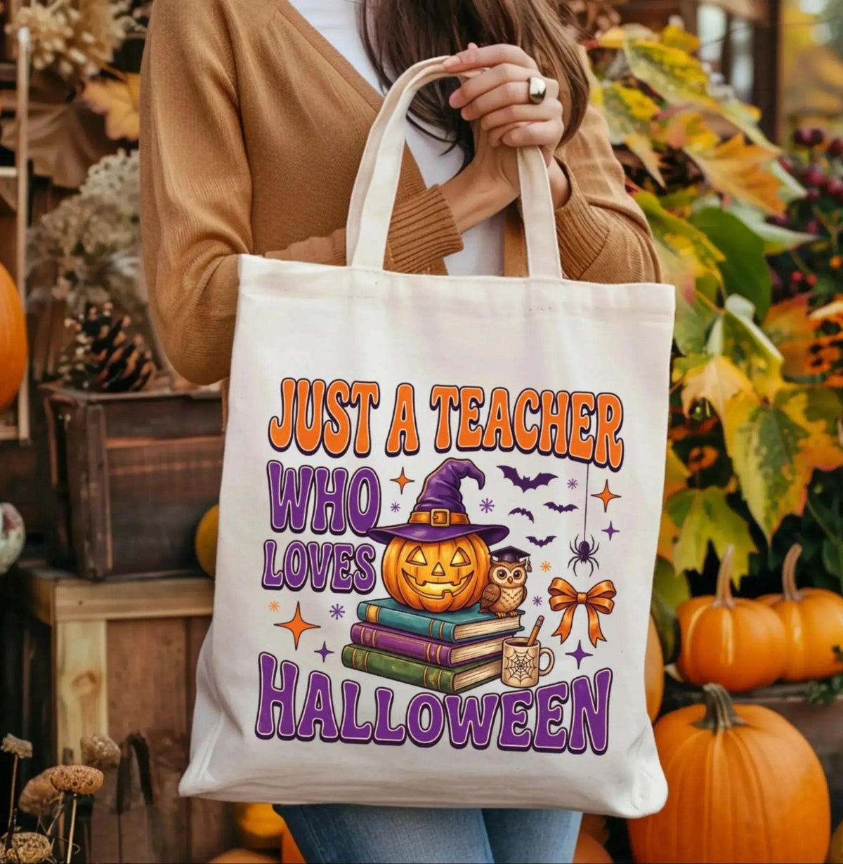 Halloween Teacher Tote Bag, Spooky Season Teacher Tote, Pumpkin Teacher Gift Bag