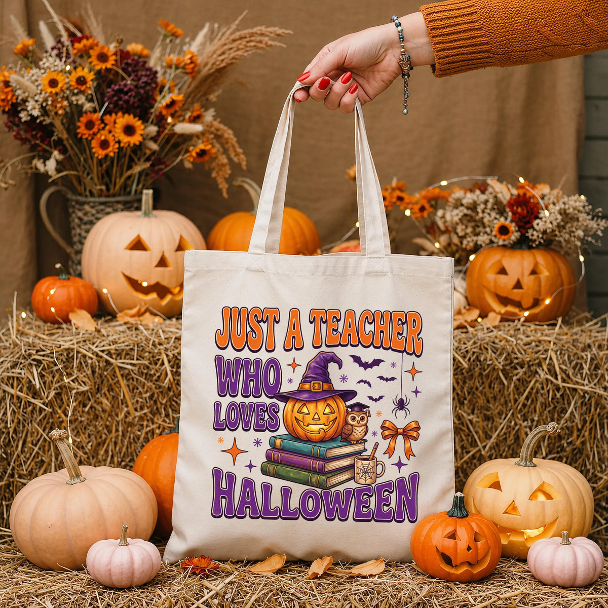 Halloween Teacher Tote Bag, Spooky Season Teacher Tote, Pumpkin Teacher Gift Bag