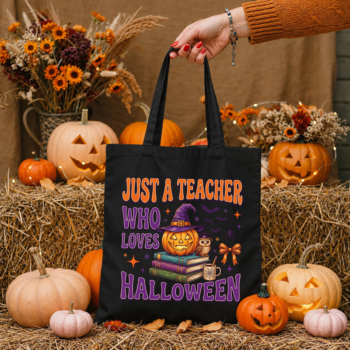 Halloween Teacher Tote Bag, Spooky Season Teacher Tote, Pumpkin Teacher Gift Bag