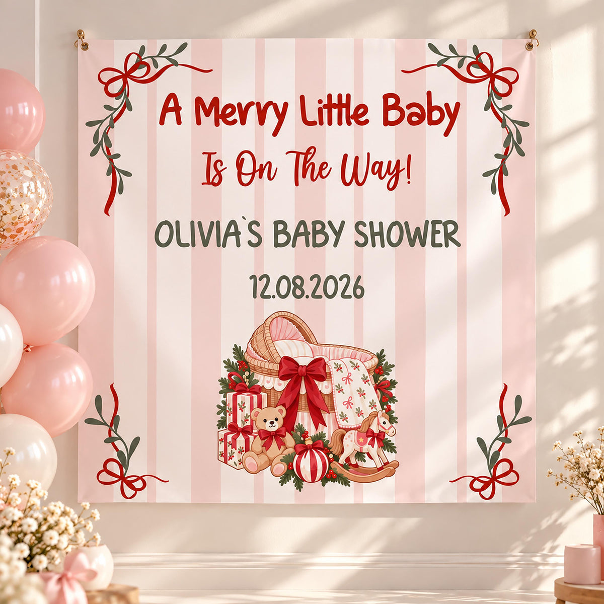 A Merry Little Baby Shower Banner, Christmas Baby Girl Backdrop, Coquette Bow Holiday Party Welcome Sign