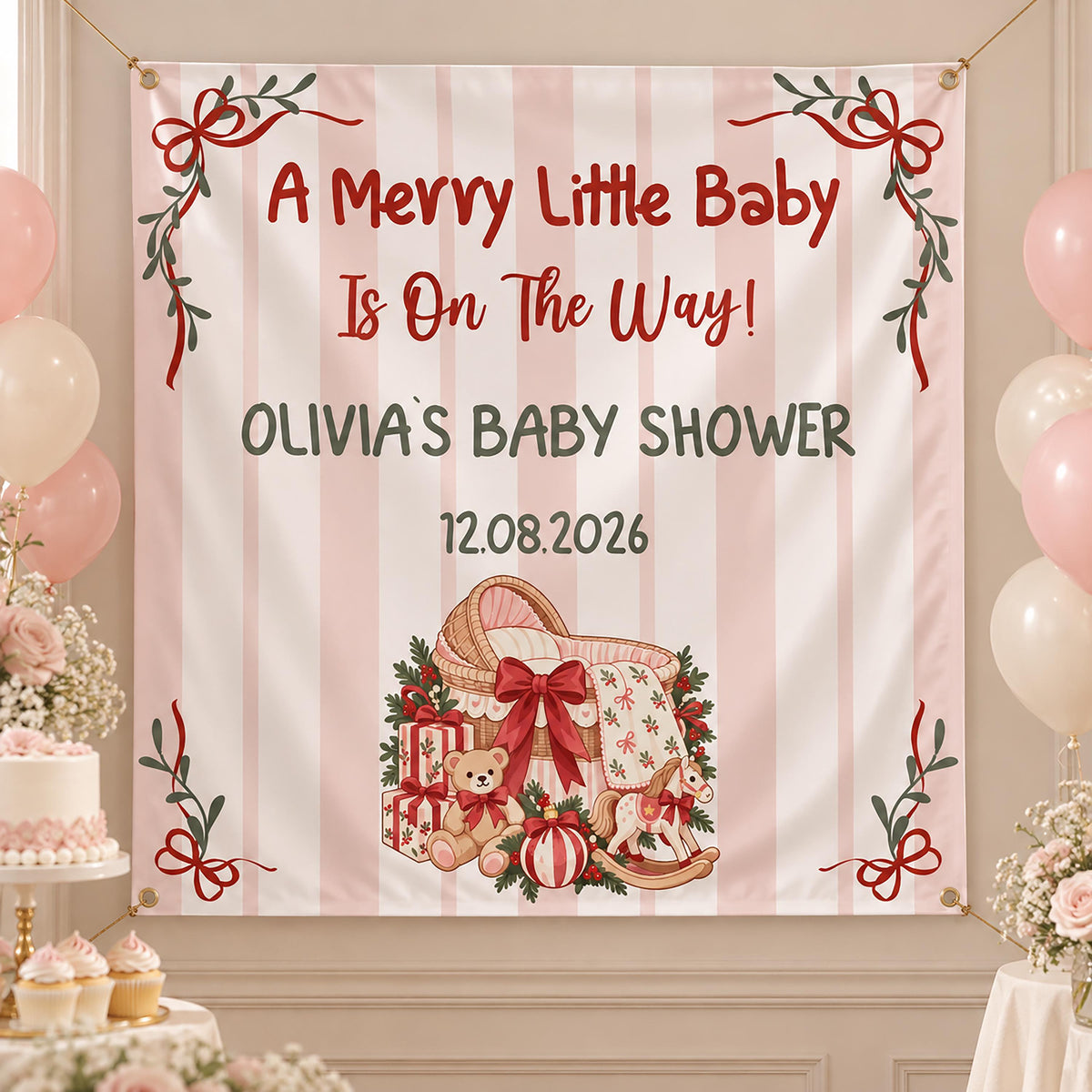 A Merry Little Baby Shower Banner, Christmas Baby Girl Backdrop, Coquette Bow Holiday Party Welcome Sign