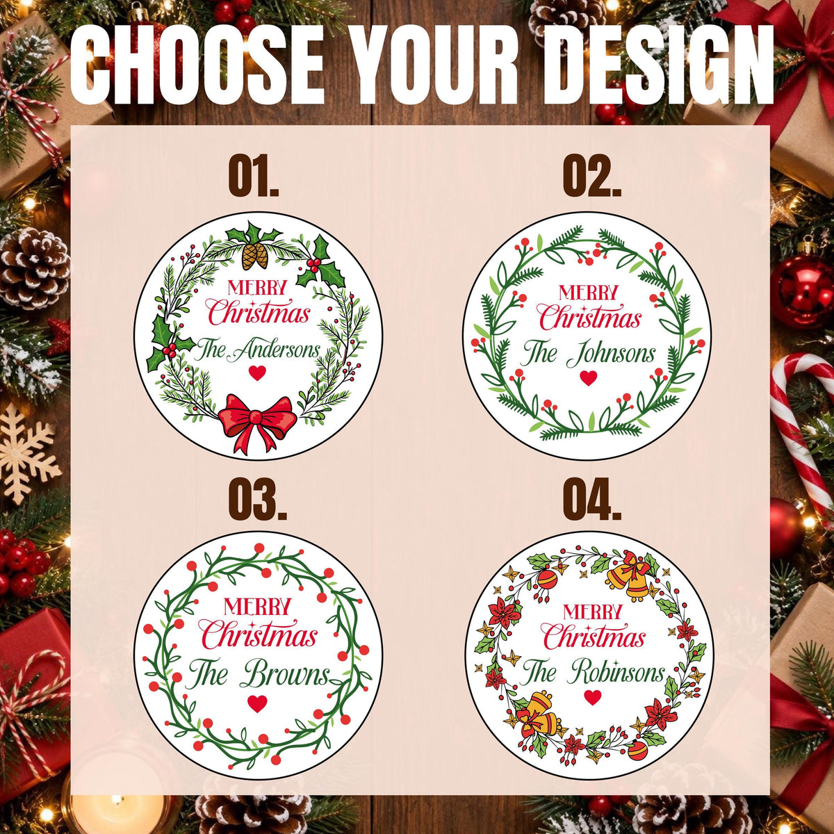 Custom Merry Christmas Labels, Personalized Family Christmas Stickers, Holiday Card Labels