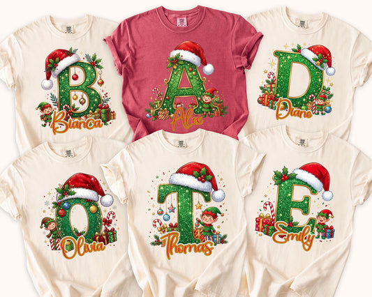 Custom Name Christmas Monogram Comfort Colors® Shirt, Elf Initial Family Matching Tee