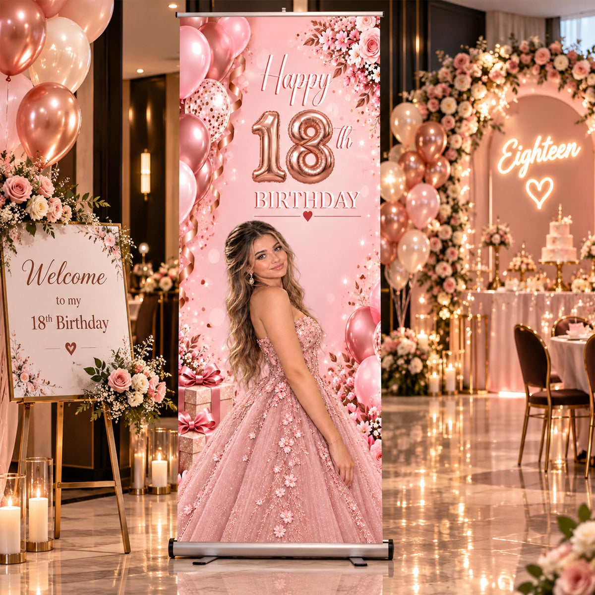 Custom 18th Birthday Roll Up Banner, Personalized Photo Welcome Sign, Retractable Elegant Standing Party Decor