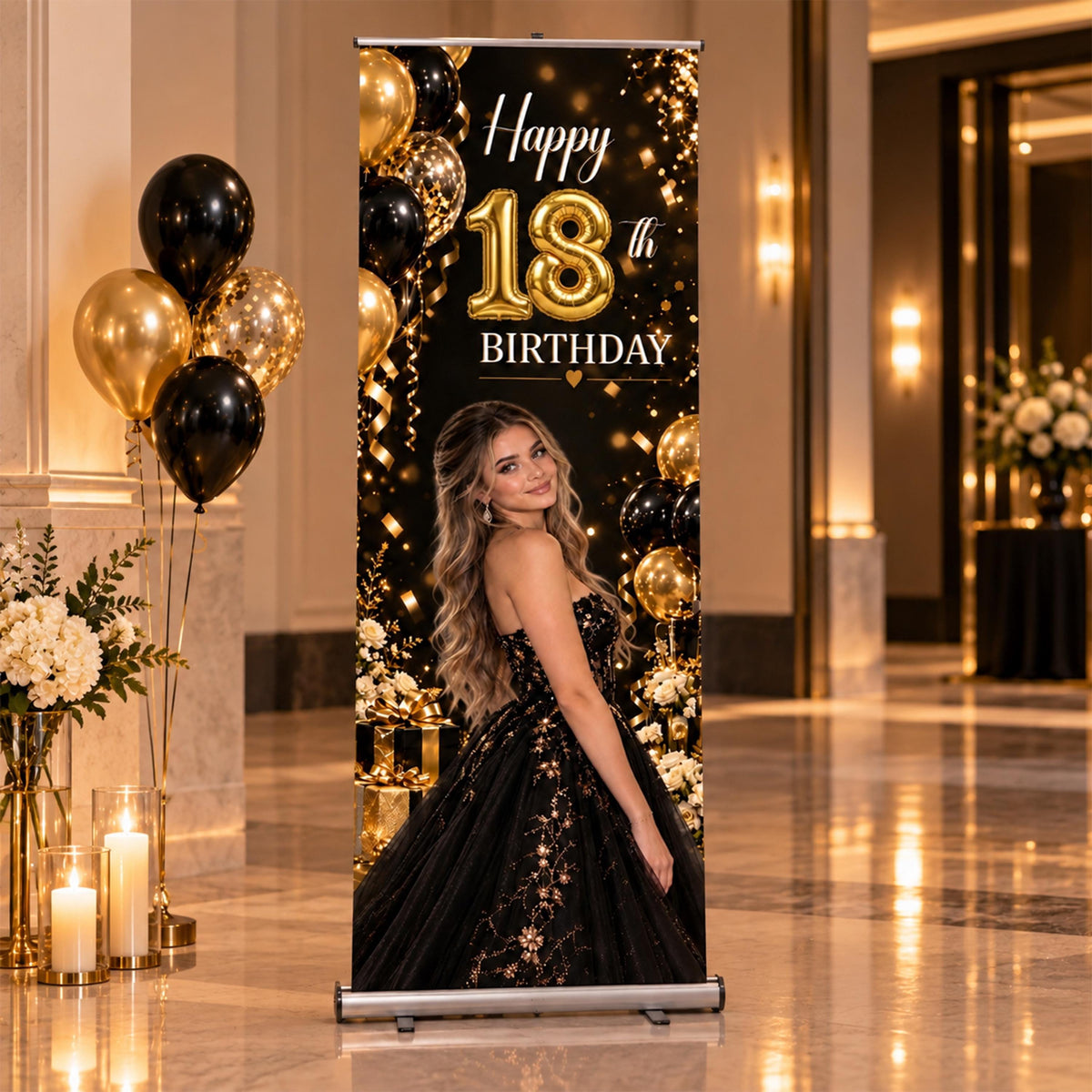 Custom 18th Birthday Roll Up Banner, Personalized Photo Welcome Sign, Retractable Elegant Standing Party Decor