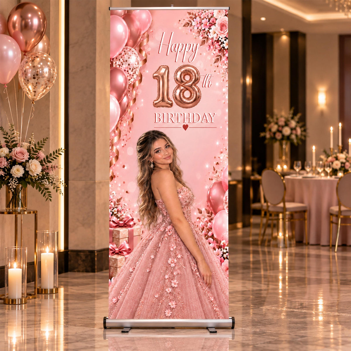 Custom 18th Birthday Roll Up Banner, Personalized Photo Welcome Sign, Retractable Elegant Standing Party Decor