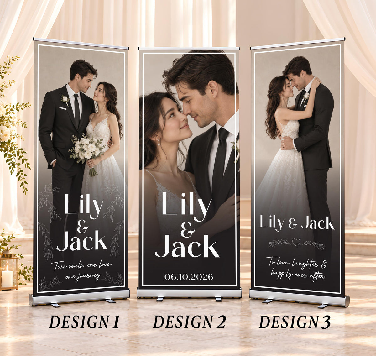 Custom Photo Wedding Pull Up Banner, Modern Bridal Standing Welcome Sign, Dark Romantic Retractable Banner