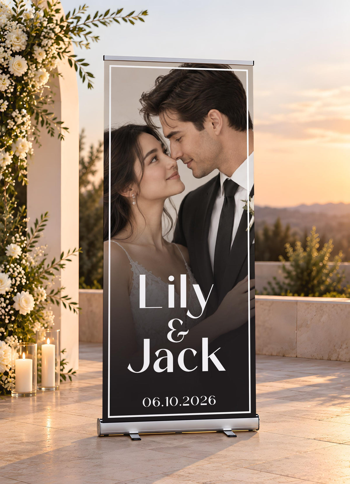 Custom Photo Wedding Pull Up Banner, Modern Bridal Standing Welcome Sign, Dark Romantic Retractable Banner