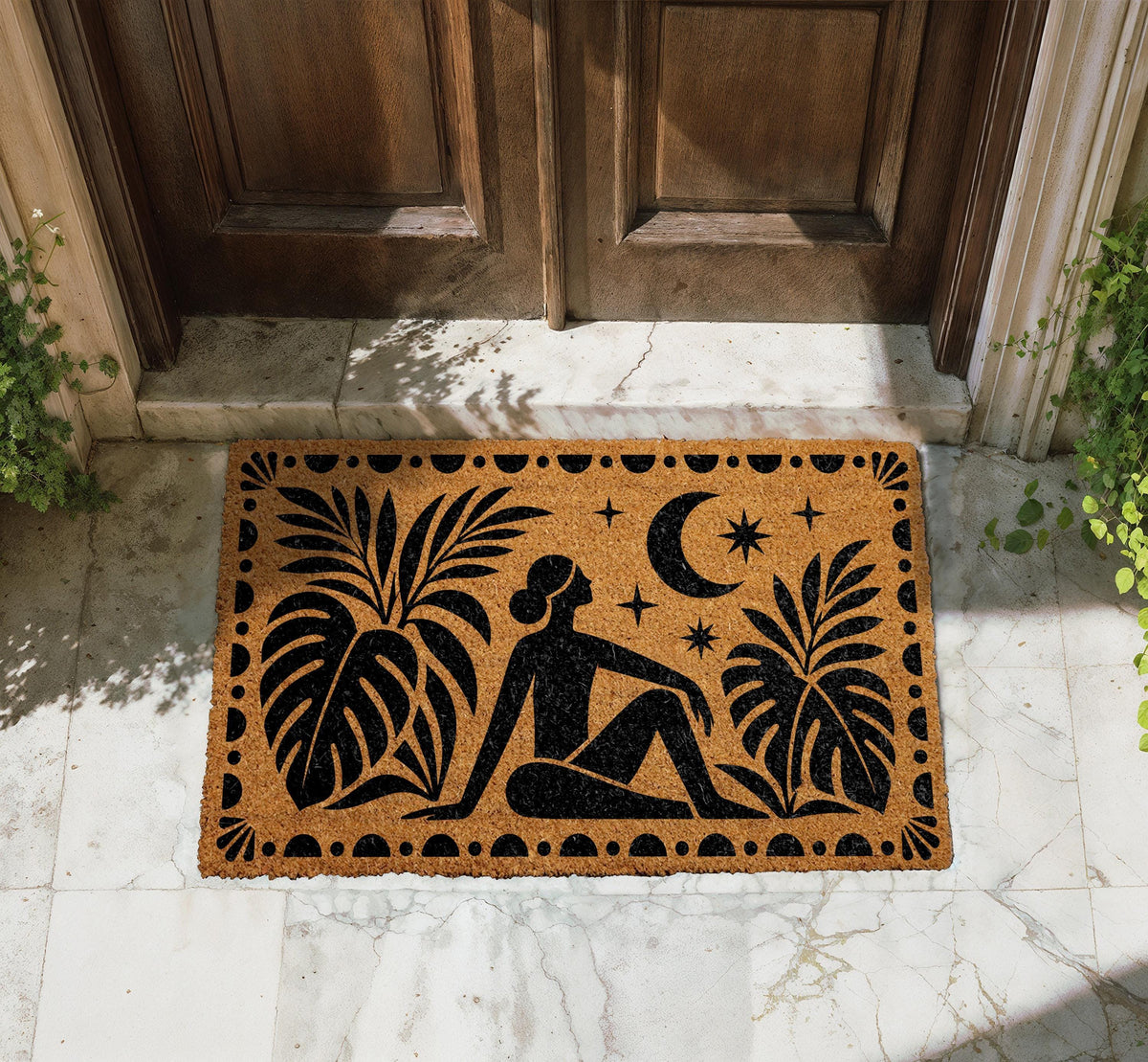 Boho Girl and Moon Doormat, Mid Century Celestial Welcome Mat