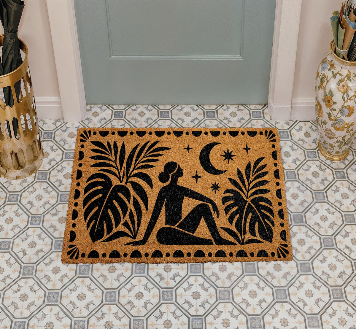 Boho Girl and Moon Doormat, Mid Century Celestial Welcome Mat