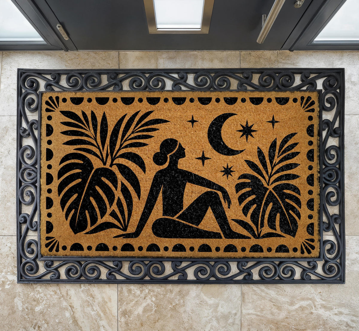 Boho Girl and Moon Doormat, Mid Century Celestial Welcome Mat