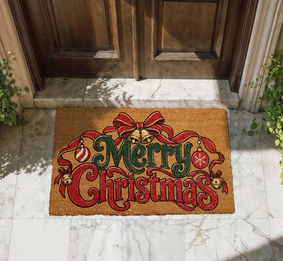 Merry Christmas Doormat, Festive Red and Green Holiday Bow Welcome Mat