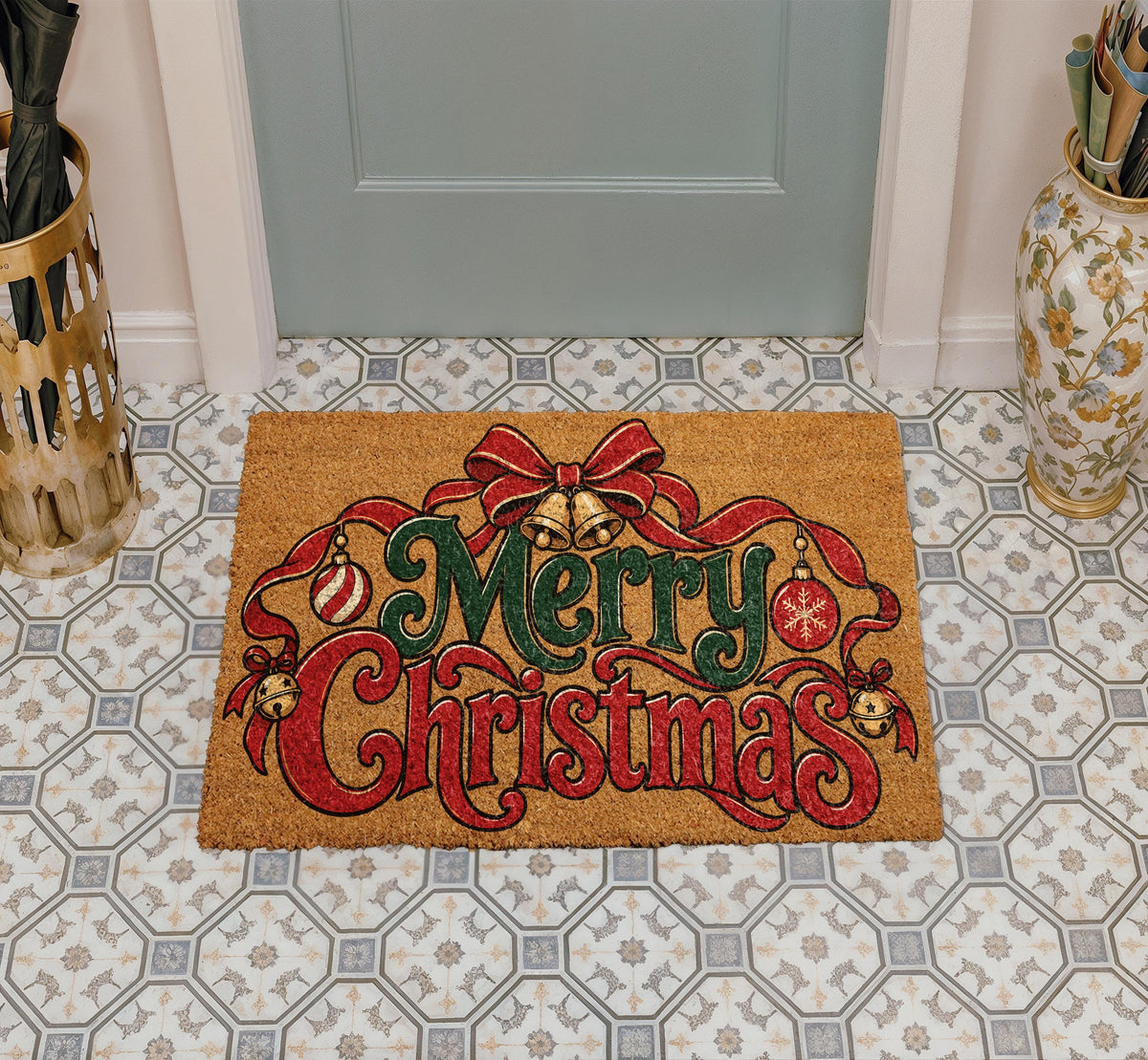 Merry Christmas Doormat, Festive Red and Green Holiday Bow Welcome Mat