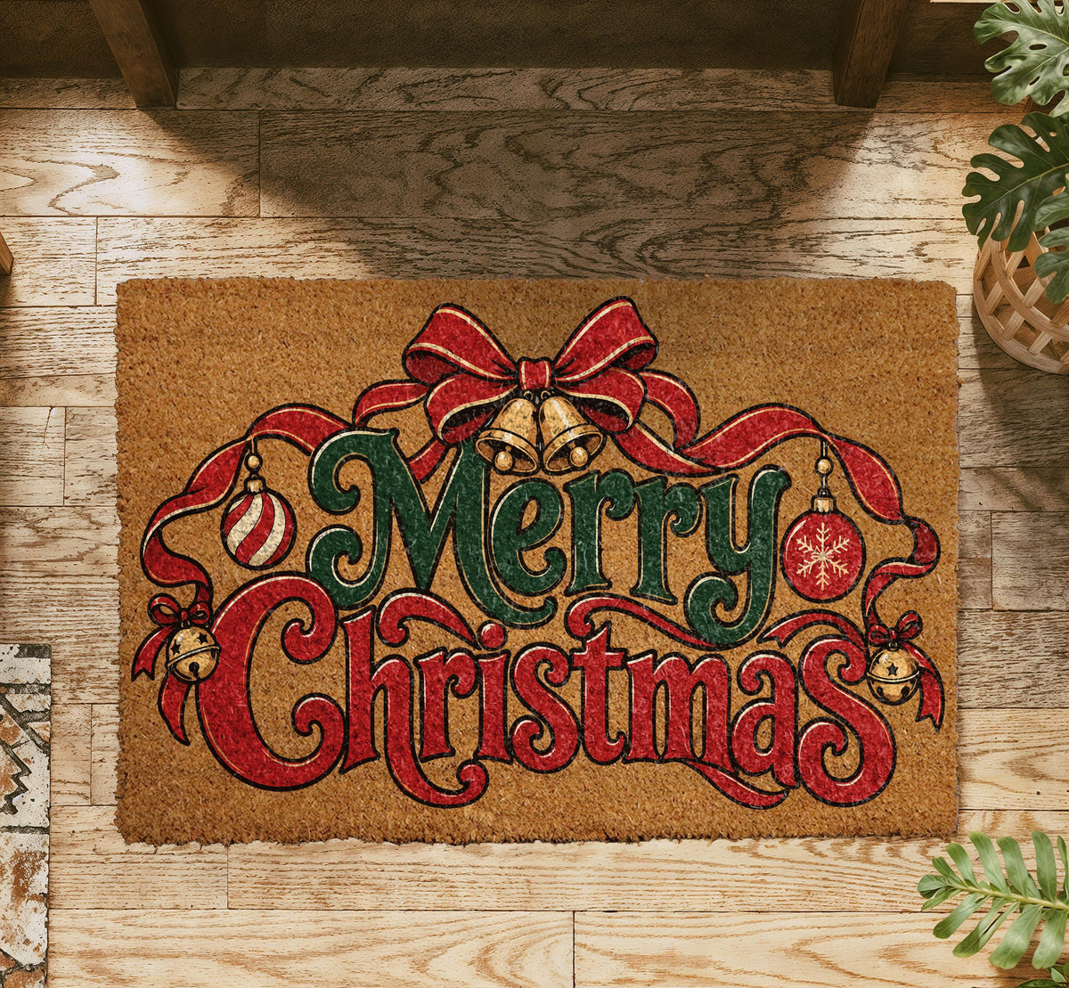 Merry Christmas Doormat, Festive Red and Green Holiday Bow Welcome Mat