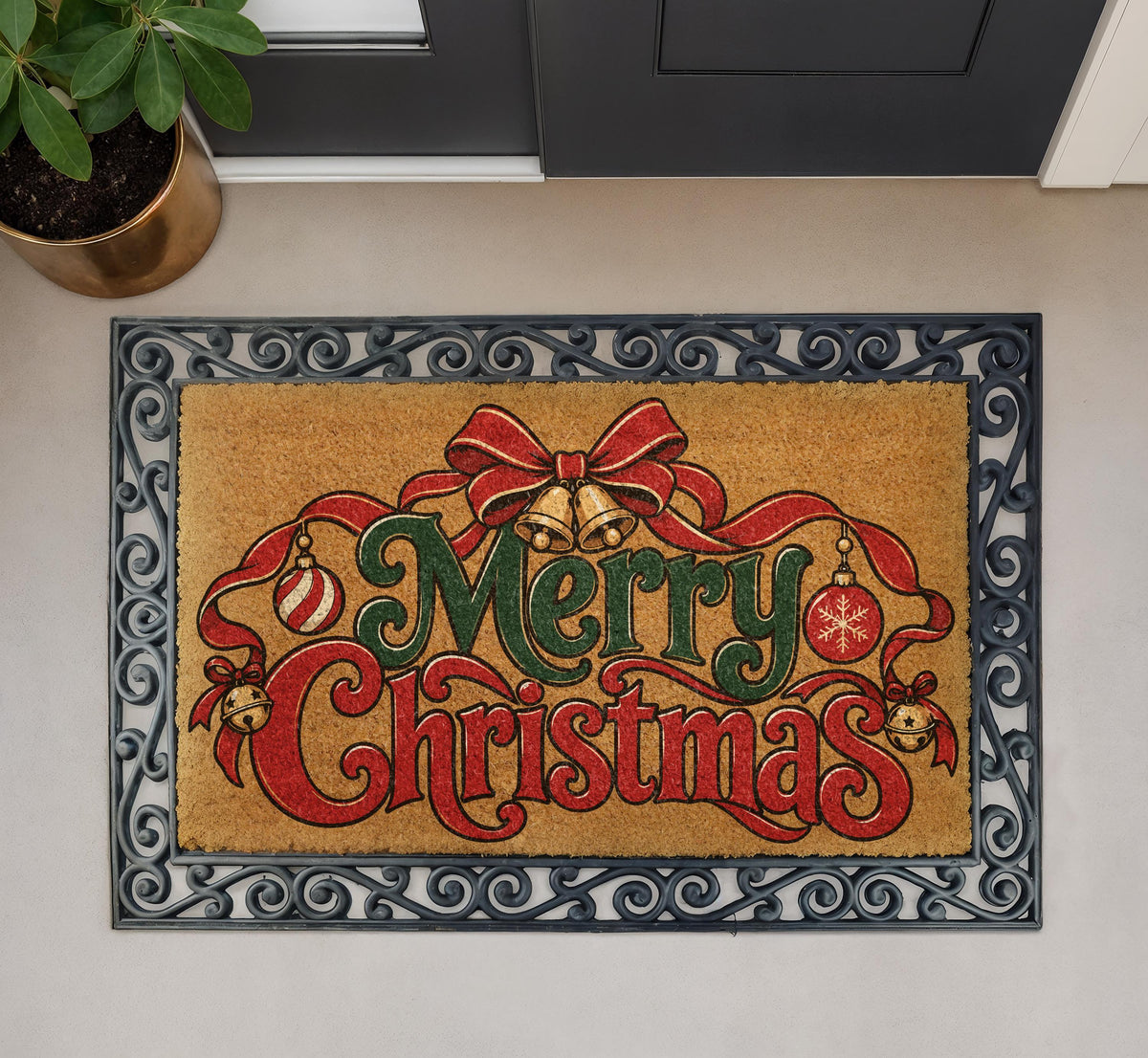 Merry Christmas Doormat, Festive Red and Green Holiday Bow Welcome Mat