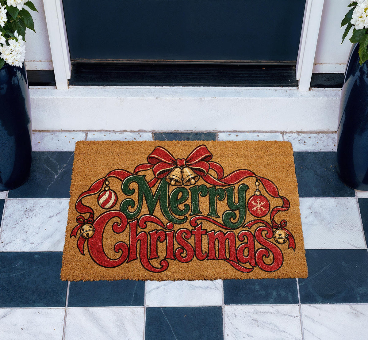 Merry Christmas Doormat, Festive Red and Green Holiday Bow Welcome Mat