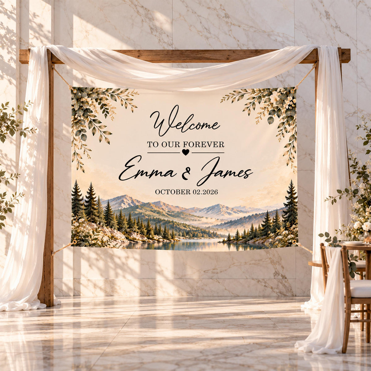 Custom Wedding Banner, Rustic Mountain Welcome to Our Forever Ceremony Backdrop