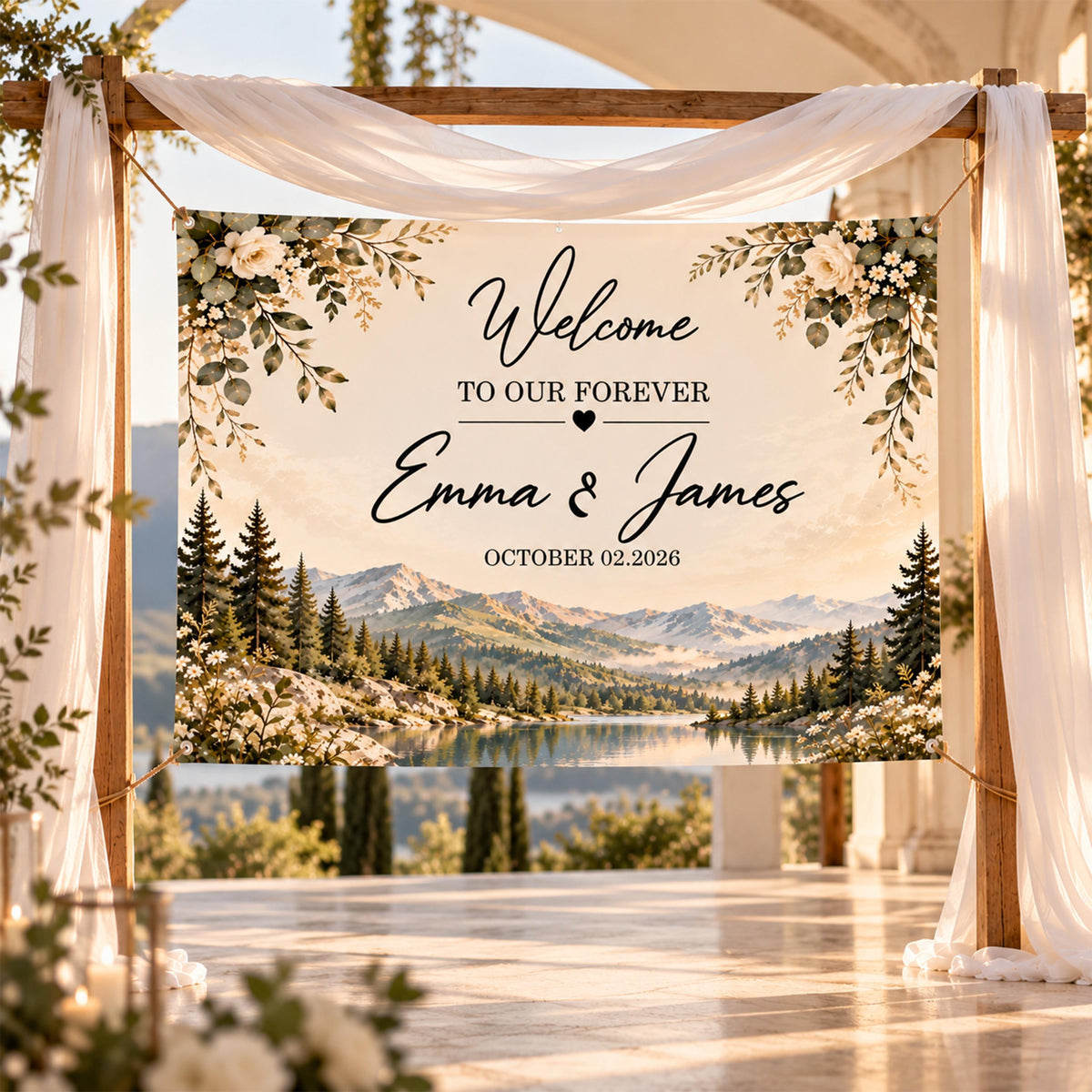 Custom Wedding Banner, Rustic Mountain Welcome to Our Forever Ceremony Backdrop