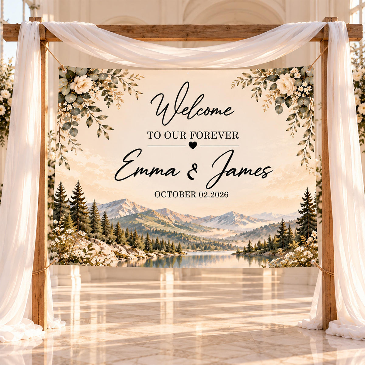 Custom Wedding Banner, Rustic Mountain Welcome to Our Forever Ceremony Backdrop