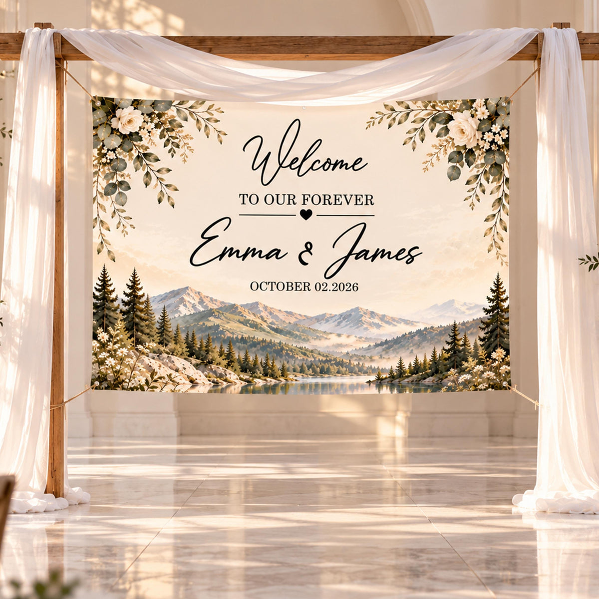 Custom Wedding Banner, Rustic Mountain Welcome to Our Forever Ceremony Backdrop