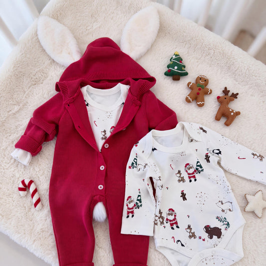 Christmas Rabbit Ear Knit Baby Romper, Hooded Newborn Holiday Jumpsuit