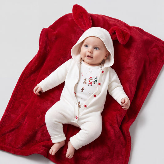 Knit Bunny Christmas Newborn Romper, Hooded Baby Holiday Outfit