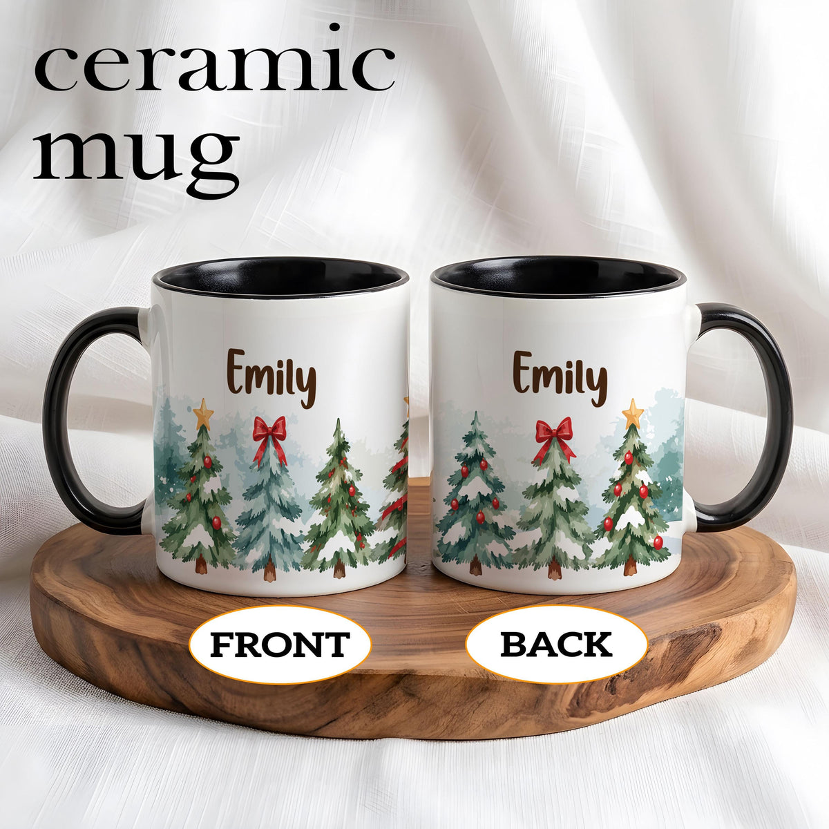 Personalized Christmas Tree Mug, Custom Name Watercolor Pine Tree Coffee Cup