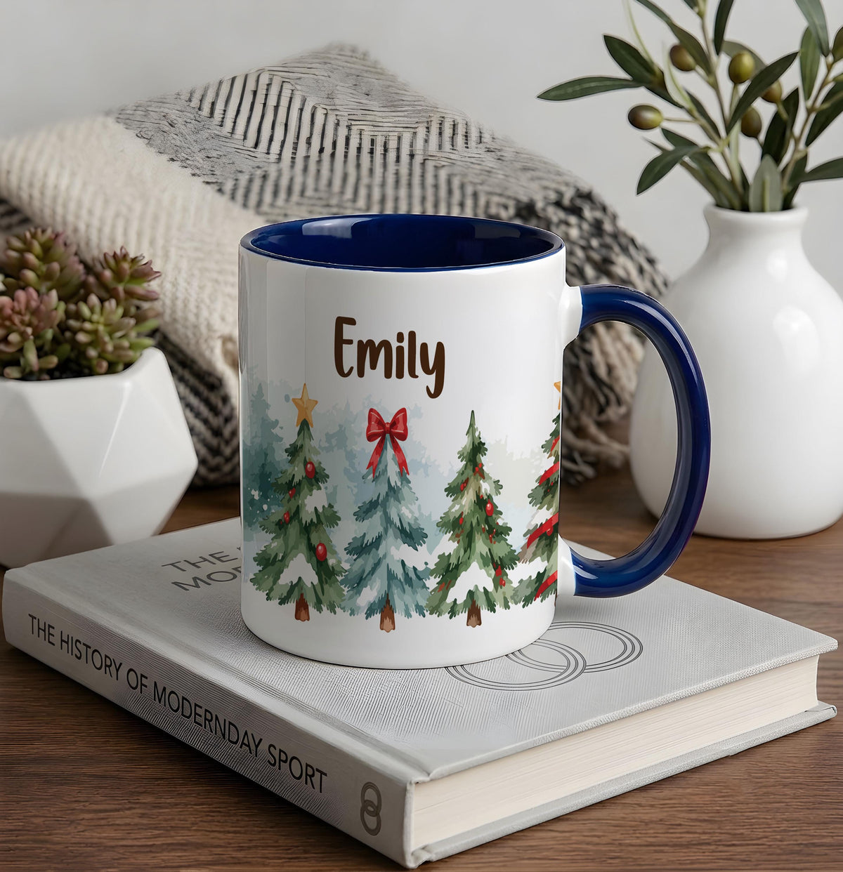 Personalized Christmas Tree Mug, Custom Name Watercolor Pine Tree Coffee Cup