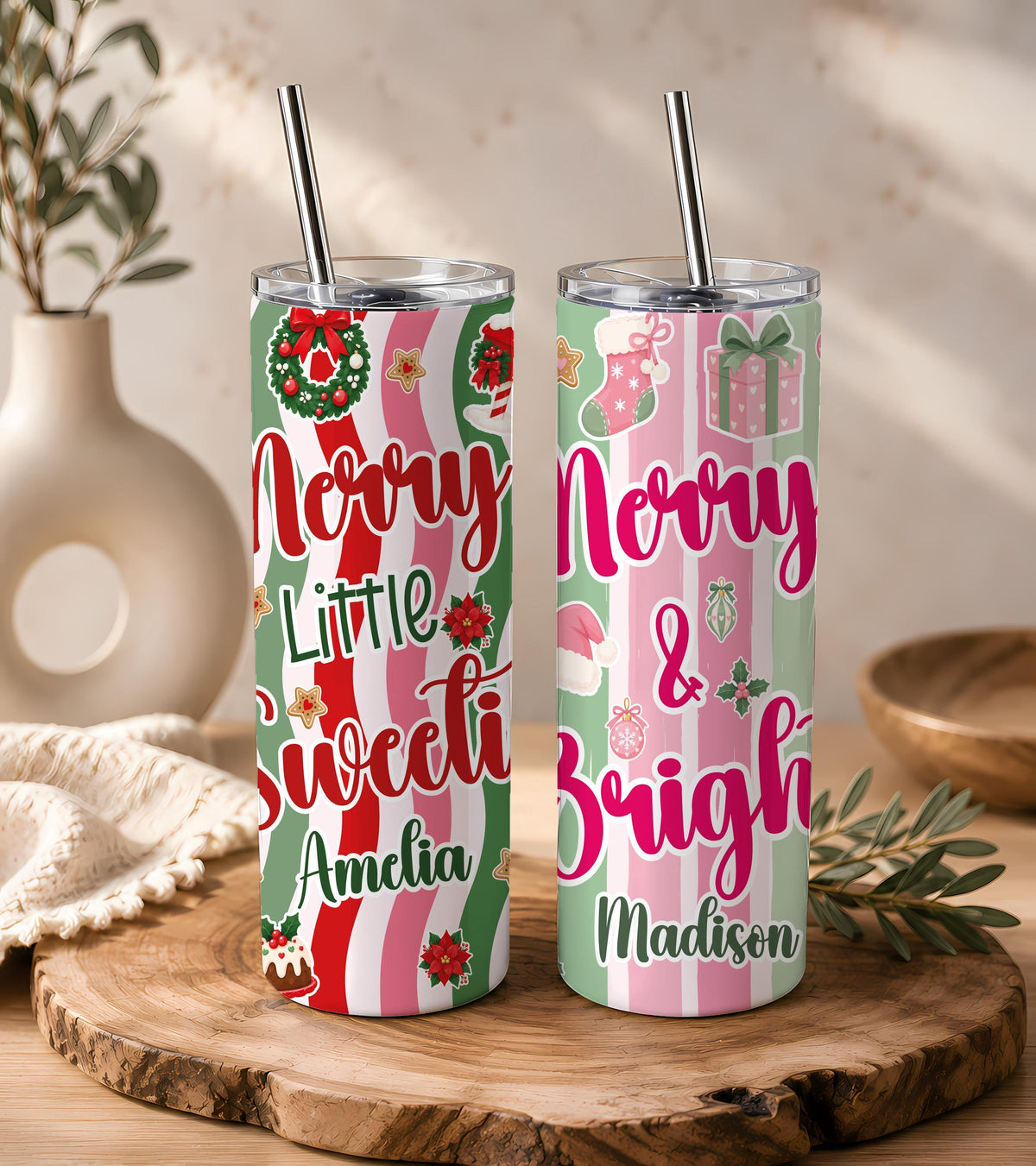 Custom Name Christmas Tote Bag & Tumbler Set, Merry and Bright Holiday Gift for Her