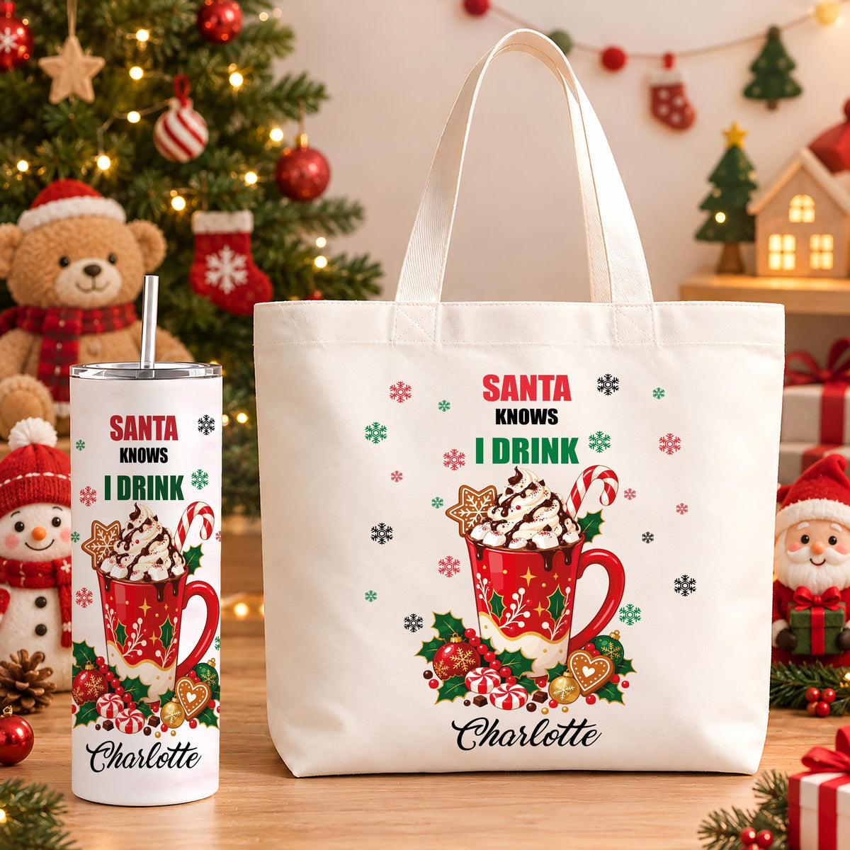 Personalized Santa Knows I Drink Tote Bag and Tumbler Set, Funny Christmas Gift