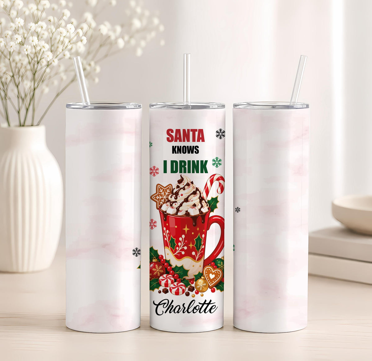 Personalized Santa Knows I Drink Tote Bag and Tumbler Set, Funny Christmas Gift