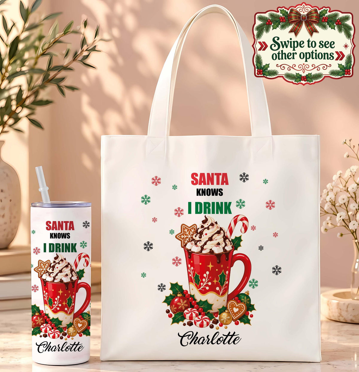 Personalized Santa Knows I Drink Tote Bag and Tumbler Set, Funny Christmas Gift