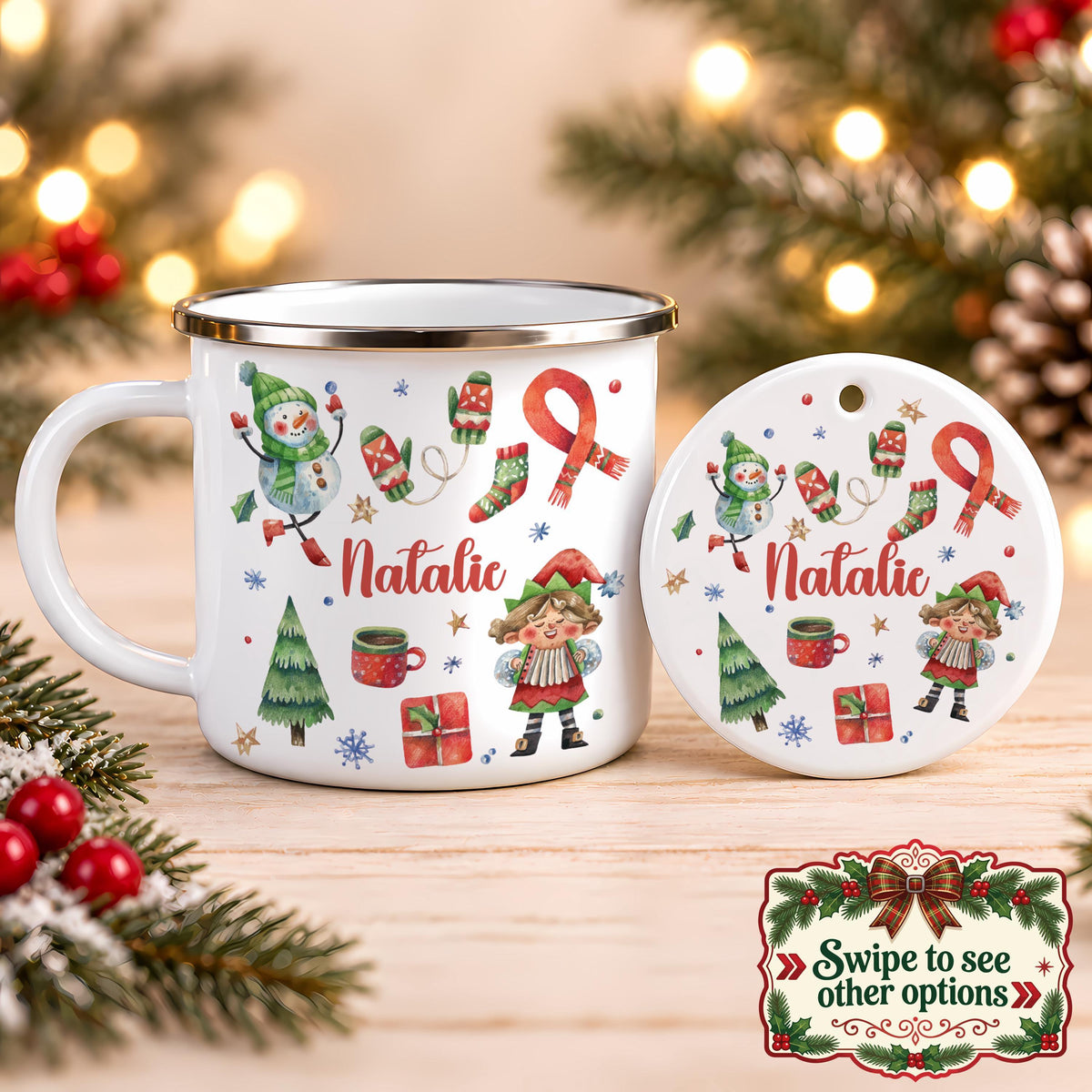 Custom Christmas Enamel Mug and Ornament Set, Personalized Kids Snowman and Elf Holiday Gift