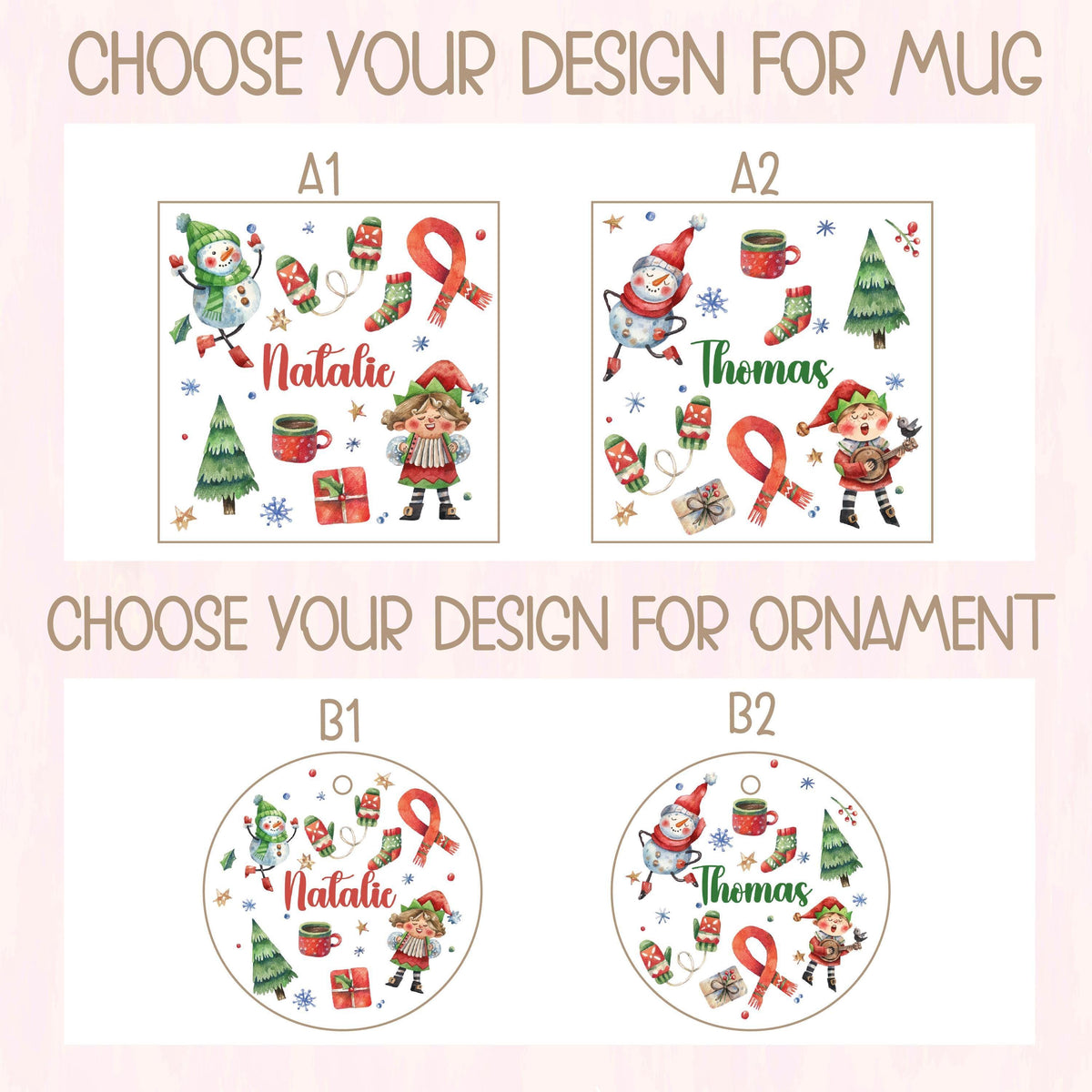 Custom Christmas Enamel Mug and Ornament Set, Personalized Kids Snowman and Elf Holiday Gift